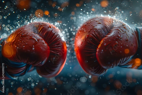 Closeup shot of boxing gloves colliding with power and intensity. Concept Boxing Gloves, Intense Moment, Close-up, Power, Dynamic Movement