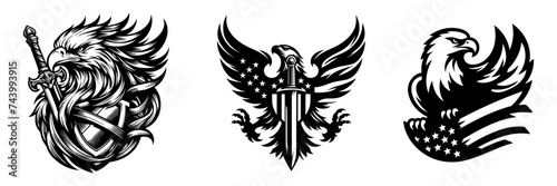 American bald eagle set, tribal tattoo and logo design, vector illustration.