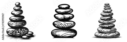 Set of balance pebble stone black silhouette, vector illustration, meditation concept.