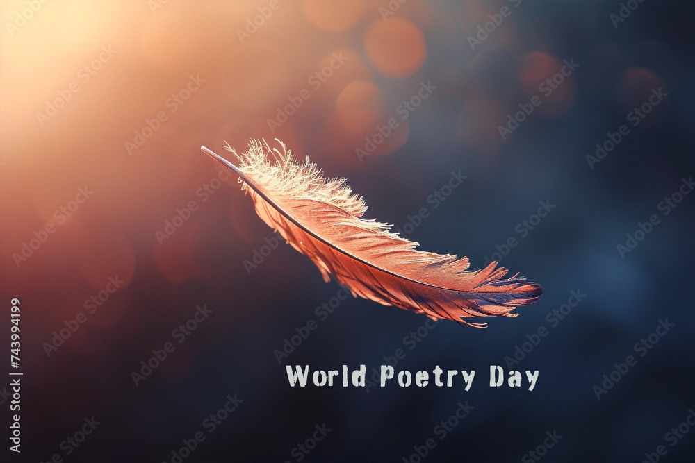 Feather flying on abstract background, World Poetry Day - obrazy, fototapety, plakaty 
