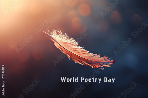 Feather flying on abstract background, World Poetry Day photo