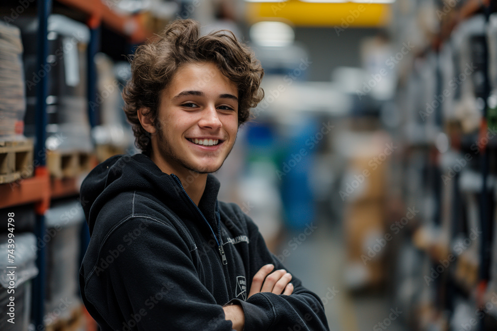 Fototapeta premium Smiling young trainee standing with arms crossed in warehouse at factory.