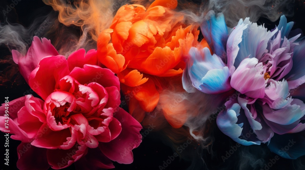 Obraz premium Vibrant purple, pink and orange flowers on black background with smoke. Bright floral wallpaper, close up, floral bouquet