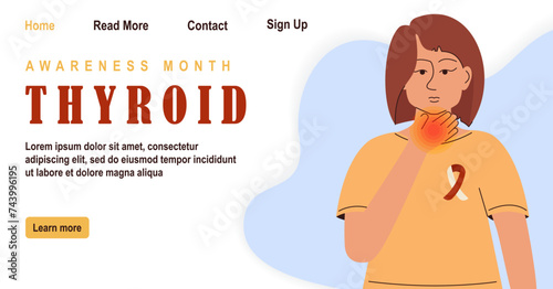 Woman with thyroid gland disease banner. Throat cancer concept landing page. Endocrinology disease