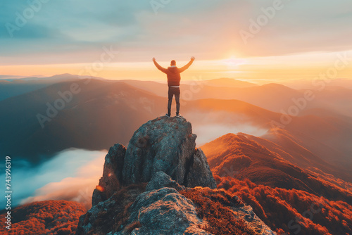 a person standing triumphantly on the peak of a mountain, with arms raised in victory against the backdrop of a beautiful sunrise