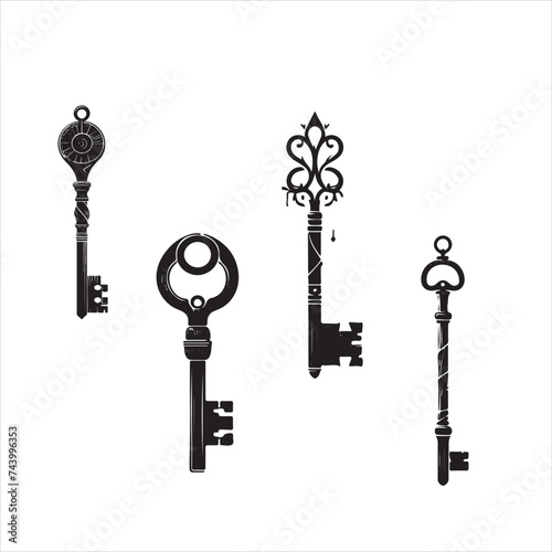 Set of isolated rustic wedding decorative symbols and elements. Black outline sketch on white background
