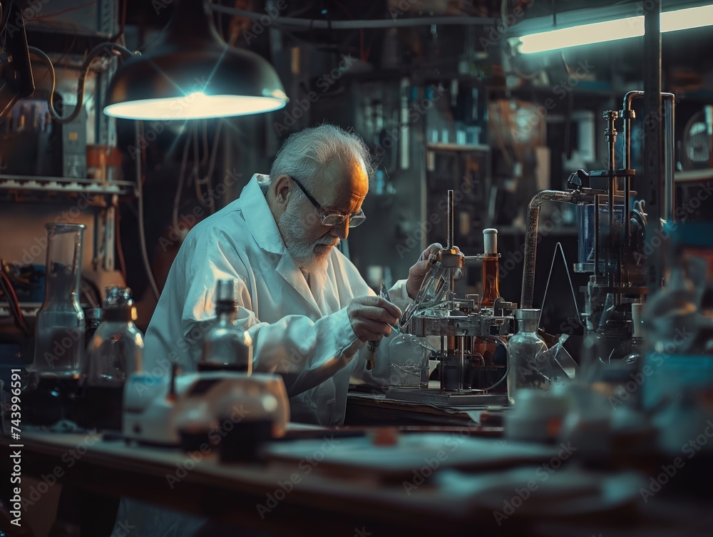An inventor working in a garage laboratory, experimenting with new technologies An inventor working in a garage laboratory, experimenting with new technologies