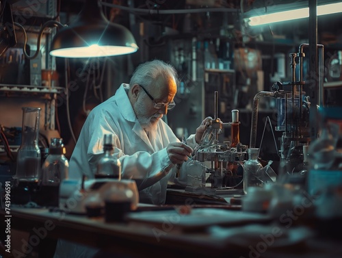 An inventor working in a garage laboratory  experimenting with new technologies