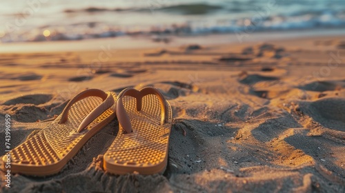 flip-flops on sand, offering plenty of space for text.