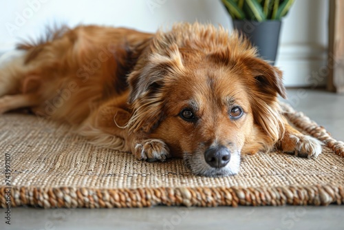 Cute relaxed mixed breed dog lying on cool mat in hot day , white wall background, summer heat. ai generated