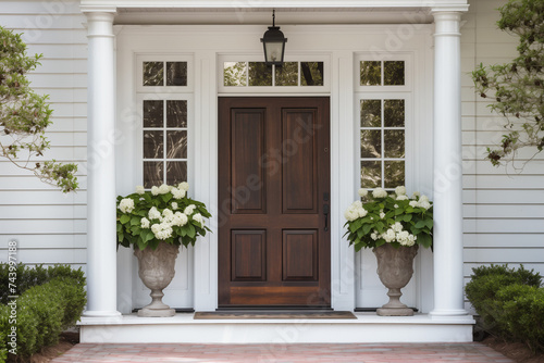 a polished wooden front door of a colonial revival house 