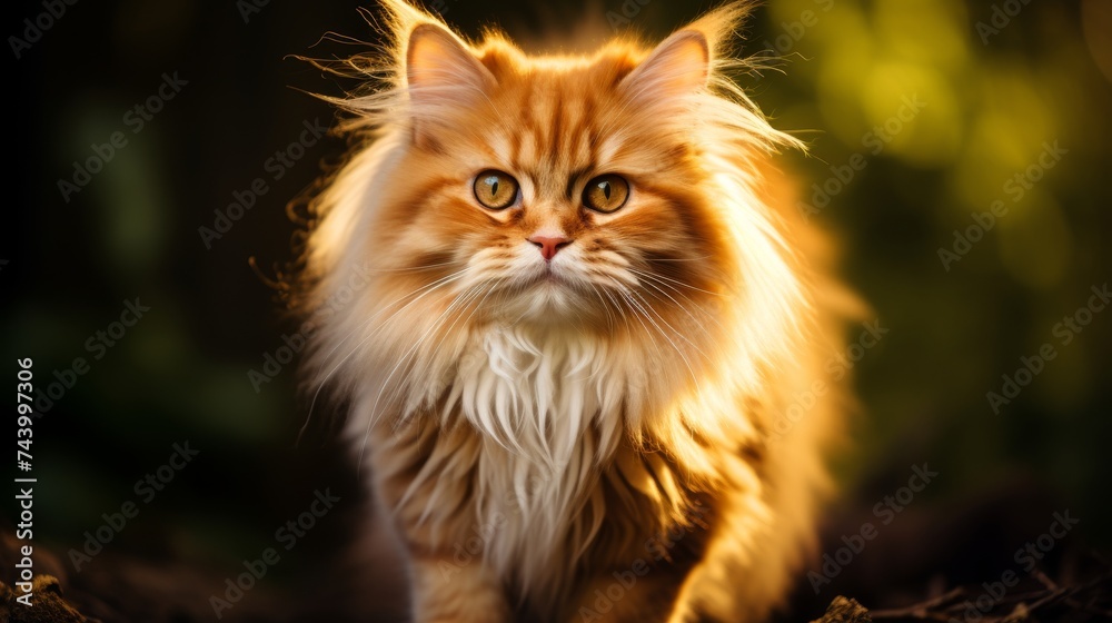 Close-up portrait of adorable ginger cat with beautiful green summer foliage in background Close-up portrait of adorable ginger cat with beautiful green summer foliage in background