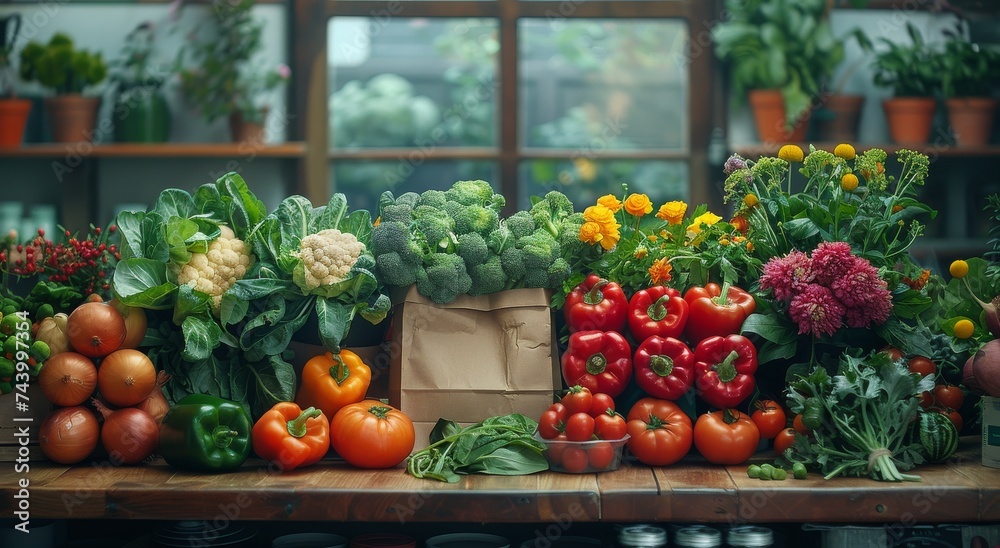A vibrant display of locally grown, nutrient-rich vegetables and flowers adorns the window of a greengrocer's market, tempting passersby with the abundance of fresh produce and natural beauty