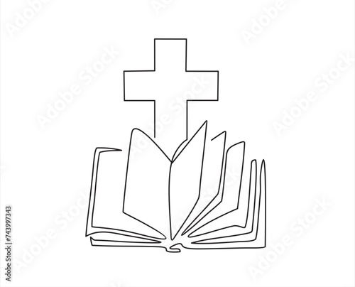 Continuous one line drawing silhouette of Bible. Bible linear icon. One line drawing background. Vector illustration. Line art of Bible