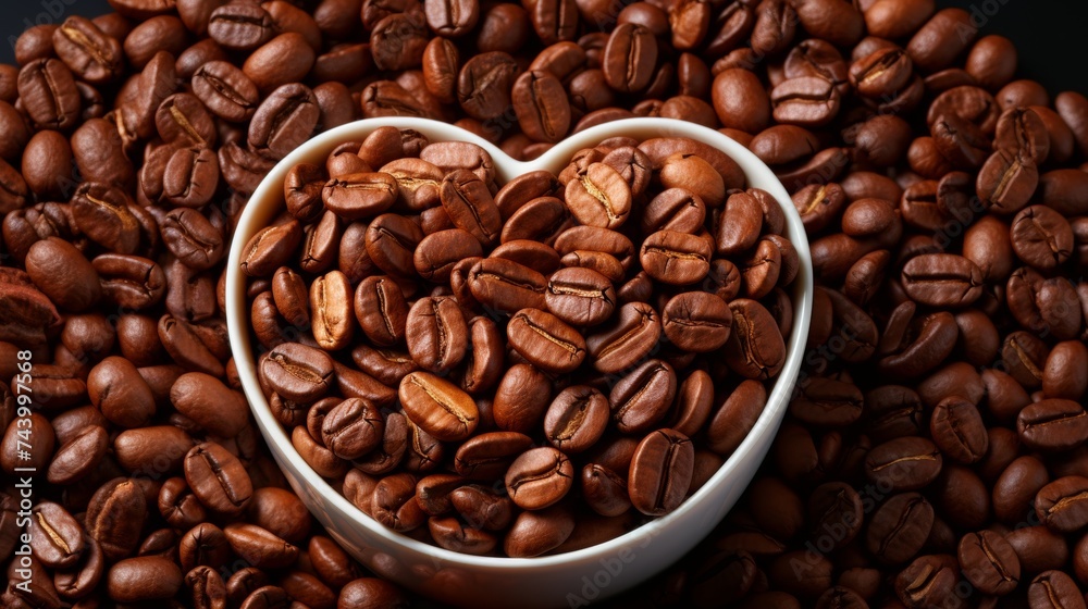 Fototapeta premium Coffee beans background with heart-shaped white bowl filled with fresh coffee beans