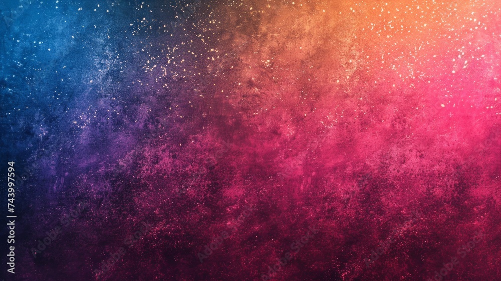 Space-themed background with stars and sky colored in Cyan, Purple, and Orange. Space scene, Noise grain colorfully. Created with Generative AI.