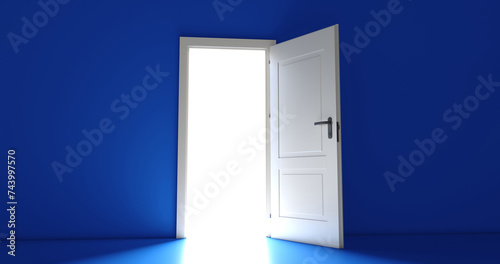 Fototapeta Naklejka Na Ścianę i Meble -  Open the door. Symbol of new career, opportunities, business ventures and initiative. Business concept. 3d render, white light inside open door isolated on blue background. Modern minimal concept.