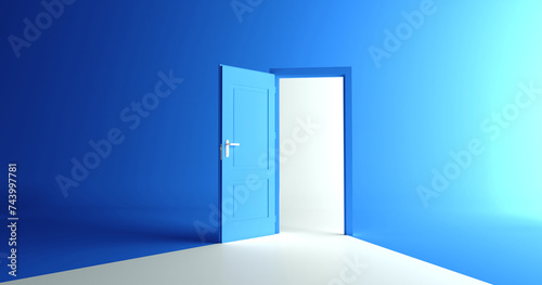 Open the door. Symbol of new career  opportunities  business ventures and initiative. Business concept. 3d render  white light inside open door isolated on blue background. Modern minimal concept.  
