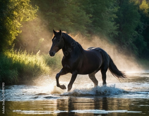 A black horse runs through the shallow waters of a fast and clear river. A lot of splashing from under the hooves. Foggy morning, sun rays through fog. Vibrant colors