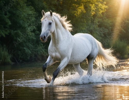 A white horse runs through the shallow waters of a fast and clear river. A lot of splashing from under the hooves. Foggy morning  sun rays through fog. Vibrant colors