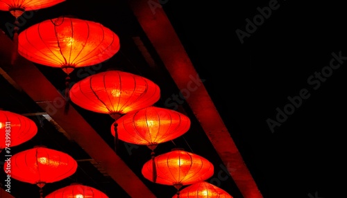 chinese red paper lanterns hanging on ceiling for traditional lantern festival new year decoration lamp at night banner with copy space