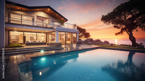 Beautiful luxury house with swimming pool in backyard at sunset time