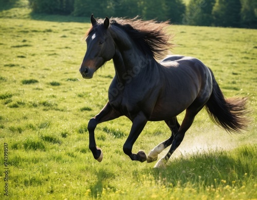 A completely black horse with shiny glossy coat gallops across a green meadow on a sunny day. The sun's rays play in her lush mane © orelphoto