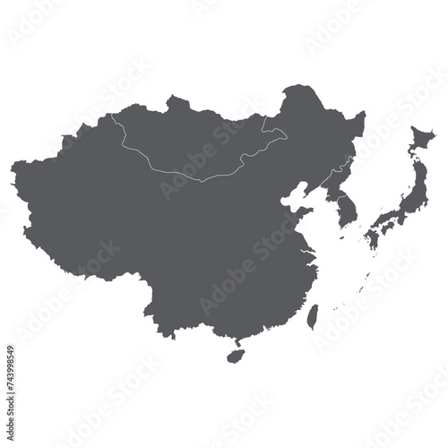 East Asia country Map. Map of East Asia in grey color. 