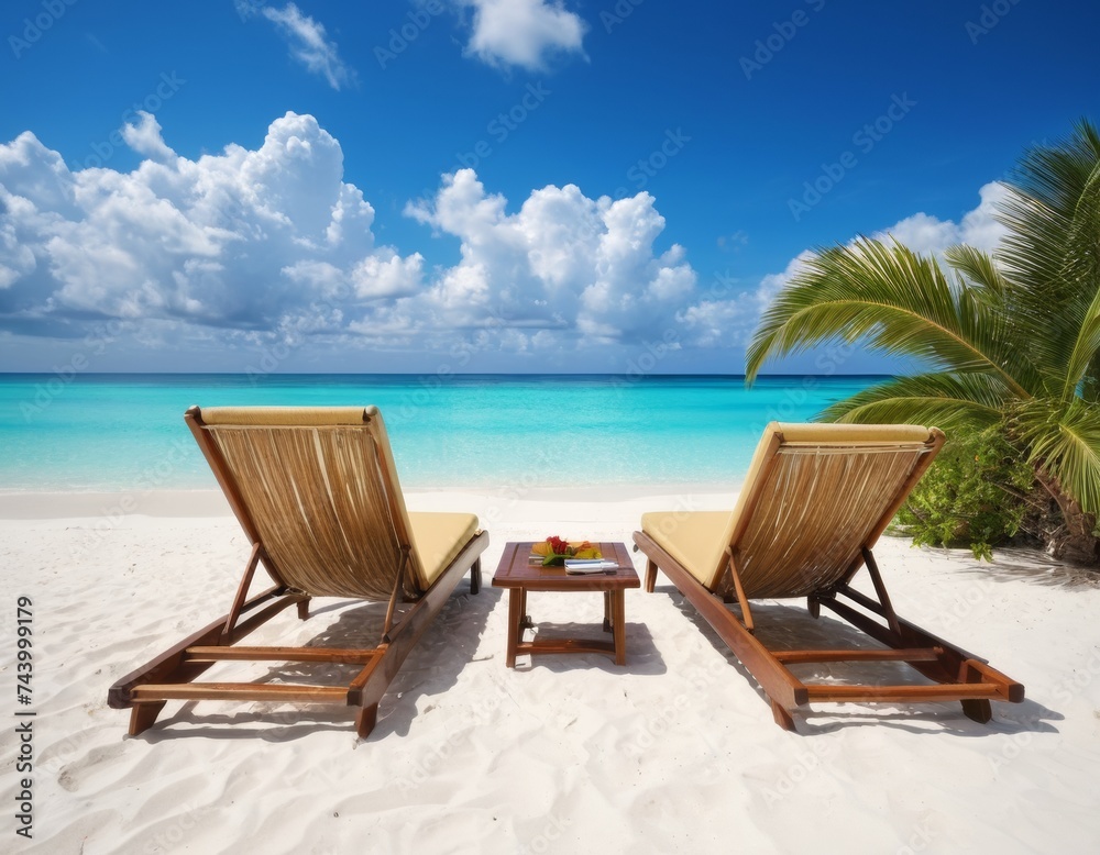 Beautiful tropical beach with white sand and two sun loungers. Blue sky and ocean