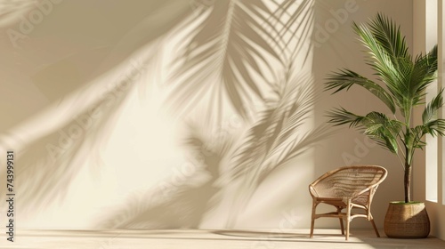 The beige background creates a sense of warmth and relaxation, while the shadow and palm dwarf trees add a touch of nature. The armchair in the house provides a cozy spot to sit back and unwind in thi