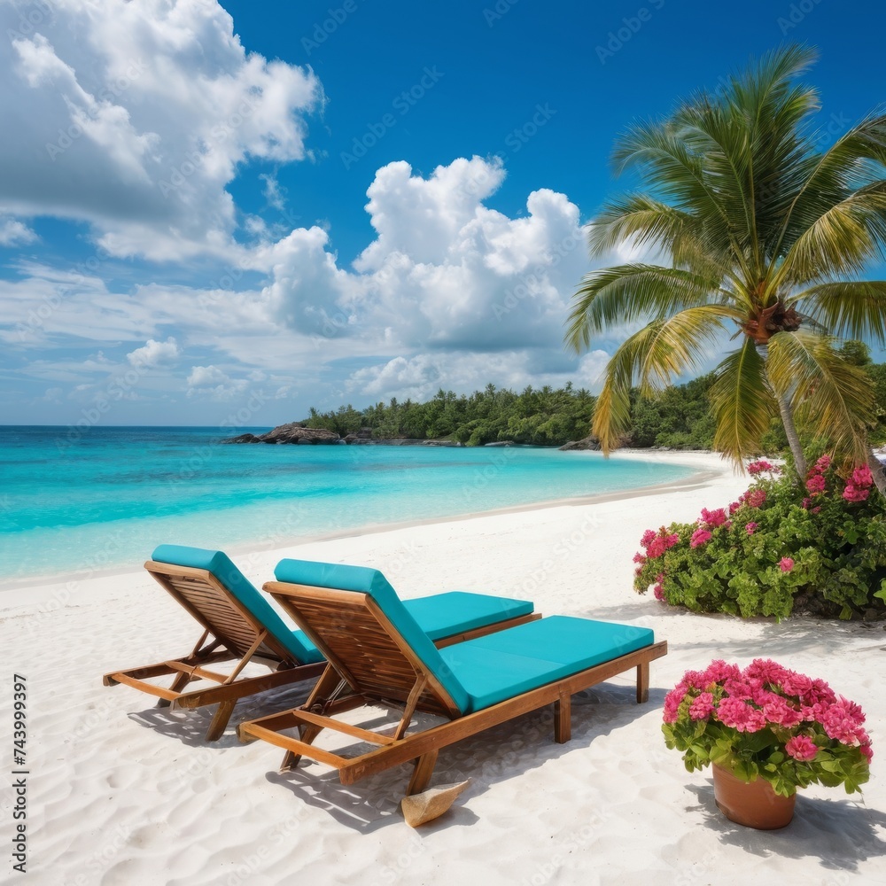 Beautiful tropical beach with white sand and two sun loungers. Blue sky and ocean