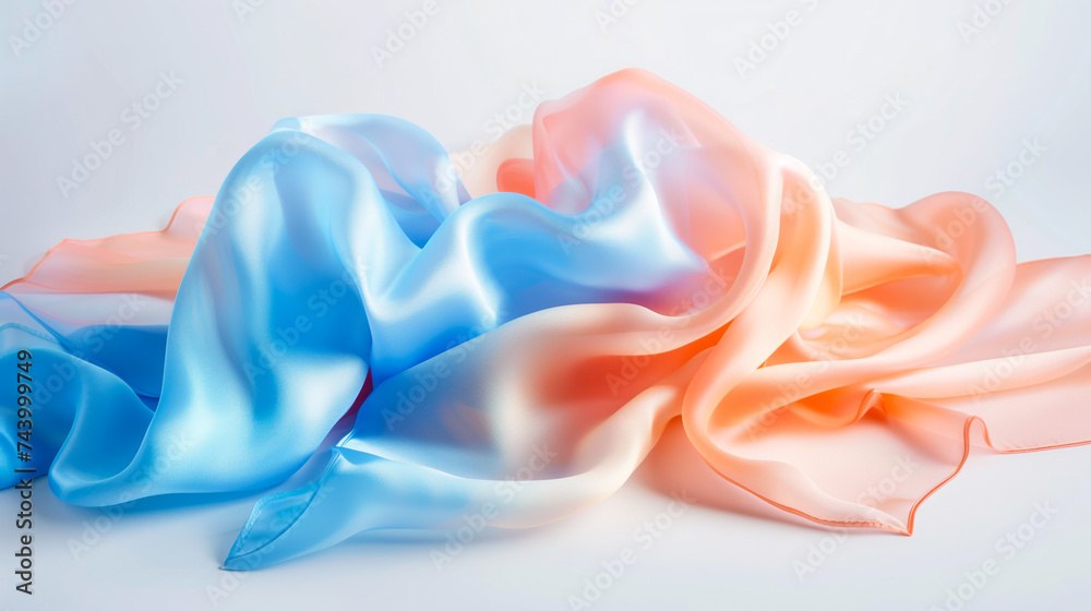 Peach to pastel blue ombre dynamic waving silk fabric Peach to pastel blue ombre dynamic waving silk fabric