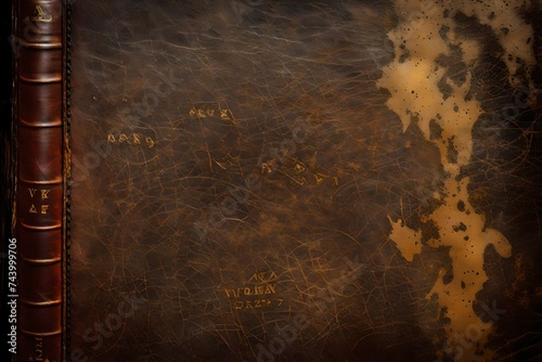 The textured surface of an old, weather-beaten leather book cover, adorned with scratches, stains, and faded gold lettering.  photo