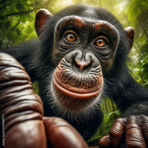 Adult chimpanzee peers into viewpoint, in unique portrait 