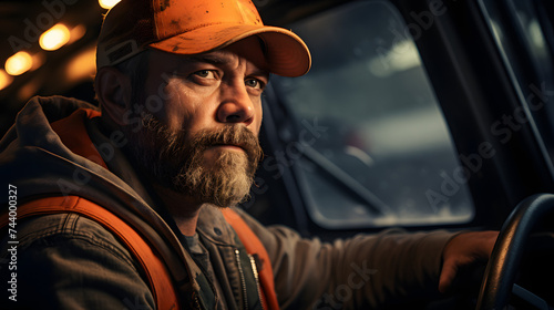 hardhatted man driving a truck with orange headwear stock photo et