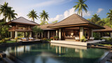 Exterior luxury villa in Bali with a garden and swimming pool outdoors 
