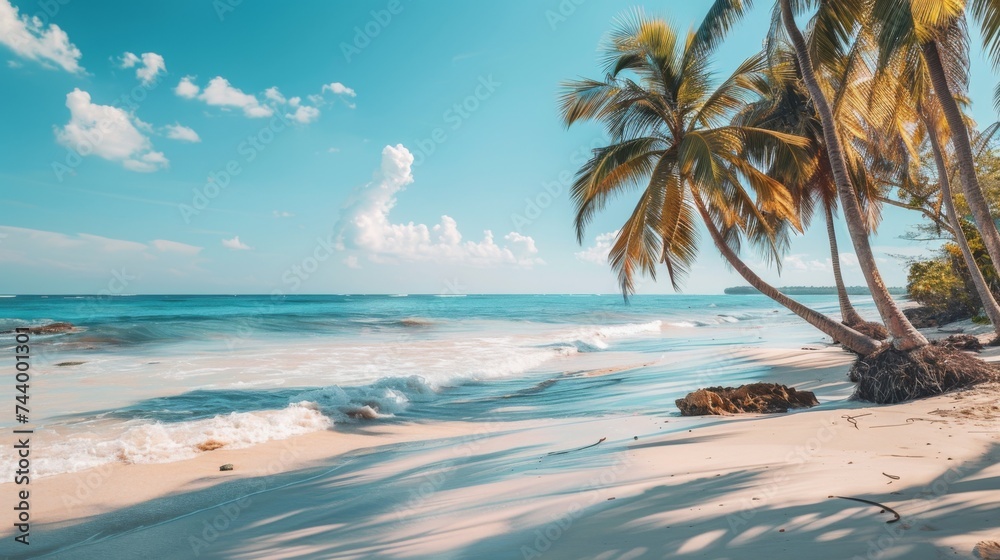 Imagine the perfect beach vacation with soft sand, tall palm trees, and tranquil turquoise sea that invites you to immerse yourself in a world of peace and beauty. - obrazy, fototapety, plakaty 