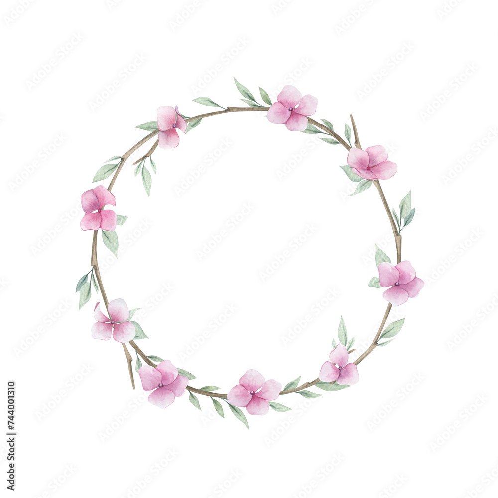 Spring frame with leaves and flowers. Watercolor wedding wreath, hand drawn isolated illustration on white background