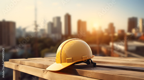 yellow hardhat on the roof of a construction site