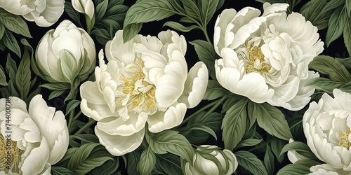 Fototapeta Naklejka Na Ścianę i Meble -  White colors peonies flowers with deep green leaves botanical pattern in vintage draw paint style. Decorative romantic  scene