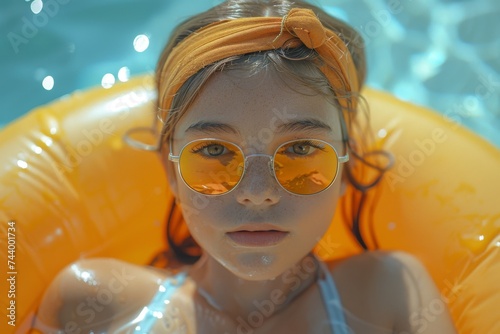 A woman submerged in the pool, her face hidden behind bright yellow sunglasses and a matching headband, exuding a playful yet chic aura with her plastic accessories and vibrant orange surroundings
