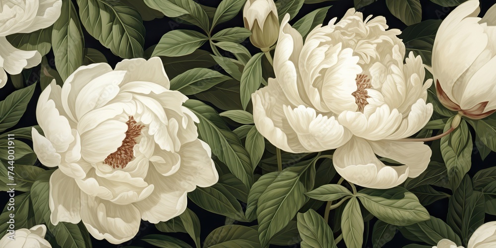 White colors peonies flowers with deep green leaves botanical pattern in vintage draw paint style. Decorative romantic scene White colors peonies flowers with deep green leaves botanical pattern in vintage draw paint style. Decorative romantic scene