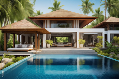 Exterior of luxury villa with swimming pool in tropical resort
