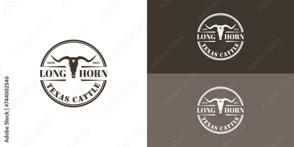 Longhorn logo template vector illustration in black color presented with multiple white and deep green background colors. The logo is suitable for farming and food business logo design inspiration