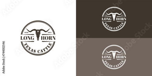 Longhorn logo template vector illustration in black color presented with multiple white and deep green background colors. The logo is suitable for farming and food business logo design inspiration