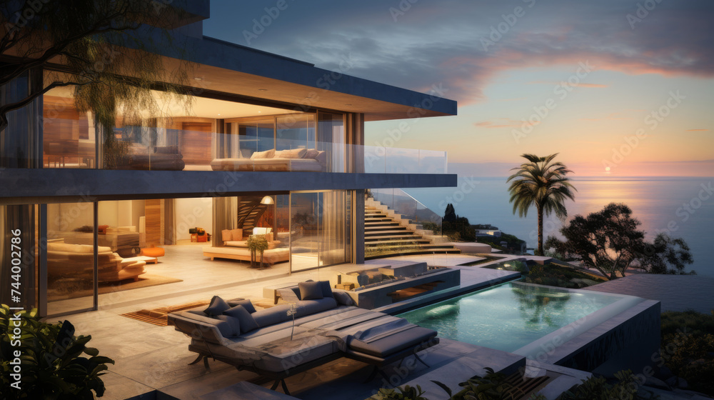 Fototapeta premium The concept of wealth as shown by a contemporary house overlooking the oceans panoramic view