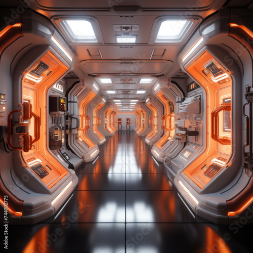 The interior of a space station featuring cutting edge technology in a zero gravity environment photo