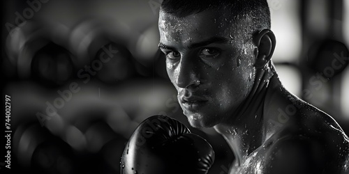 A man in a gym wearing boxing gloves training for a workout. Concept Fitness, Boxing, Training, Gym, Exercise