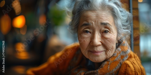 An elderly woman with a gentle smile and weathered skin stands on a bustling street, her grey hair and wrinkles telling the story of a life well-lived