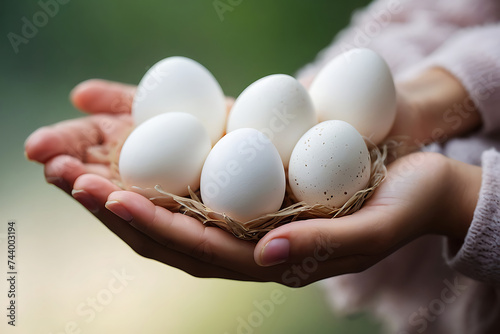 Hen's eggs isolated on girl's hand against Natural background. White eggs isolated on hand against blurred background. Eggs ready for hatching. Proteinous food. Eggs full of protein. Selective Focus.